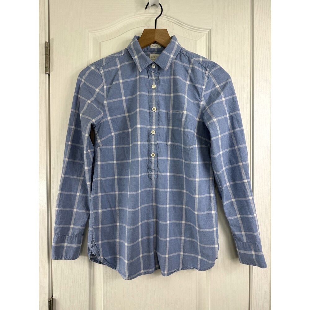 J.Crew Perfect Fit Popover Shirt Womens XS Blue White Plaid Cotton Top